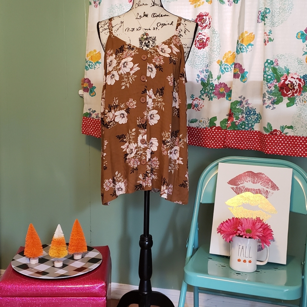 TORRID Brown linen button front floral cami NWT L 12 plus size 0X - Picture 3 of 6